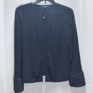Adrienne Vittadini Black Faux Fur Cuff Cardigan Open Front Hook Eye Closure Sz M